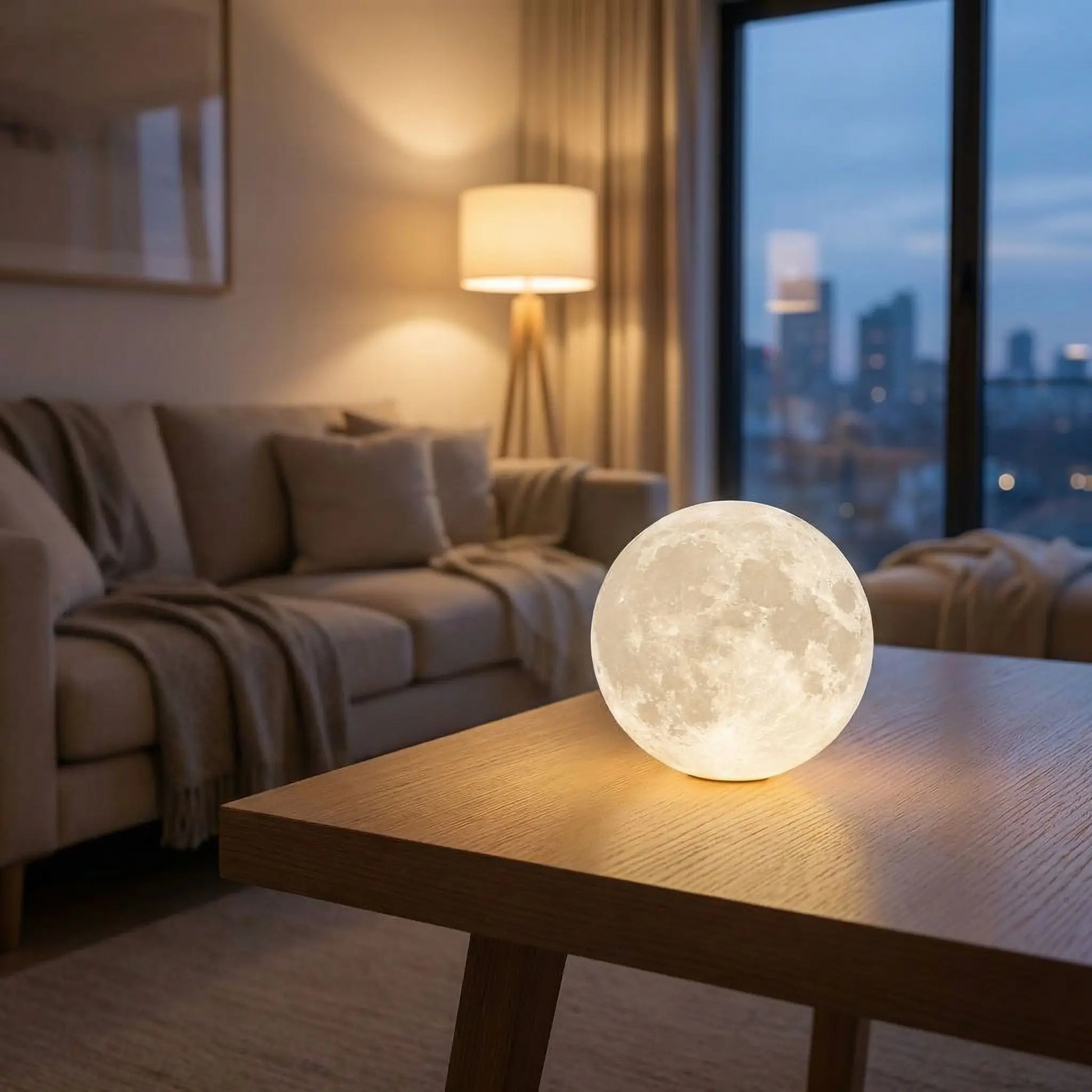 lune blanche posee table salon lampe de chevet en bois