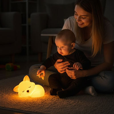 maman souriante curiosite enfant doigt toucher veilleuse bebe garcon