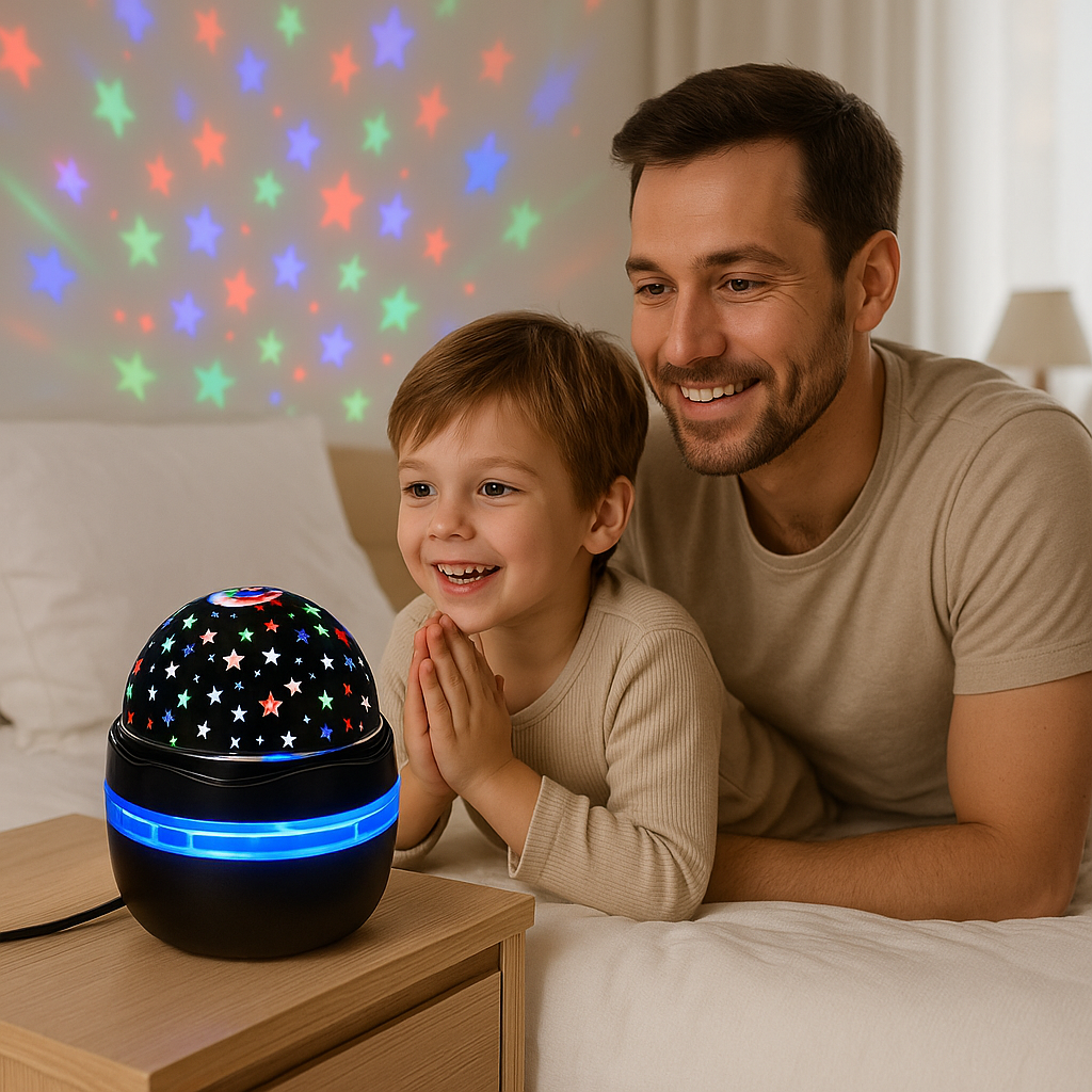 papa fils admirent lumieres veilleuse bebe projection plafond