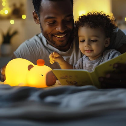 pere sourire raconte histoire enfant complicite lumiere chaud veilleuse bebe