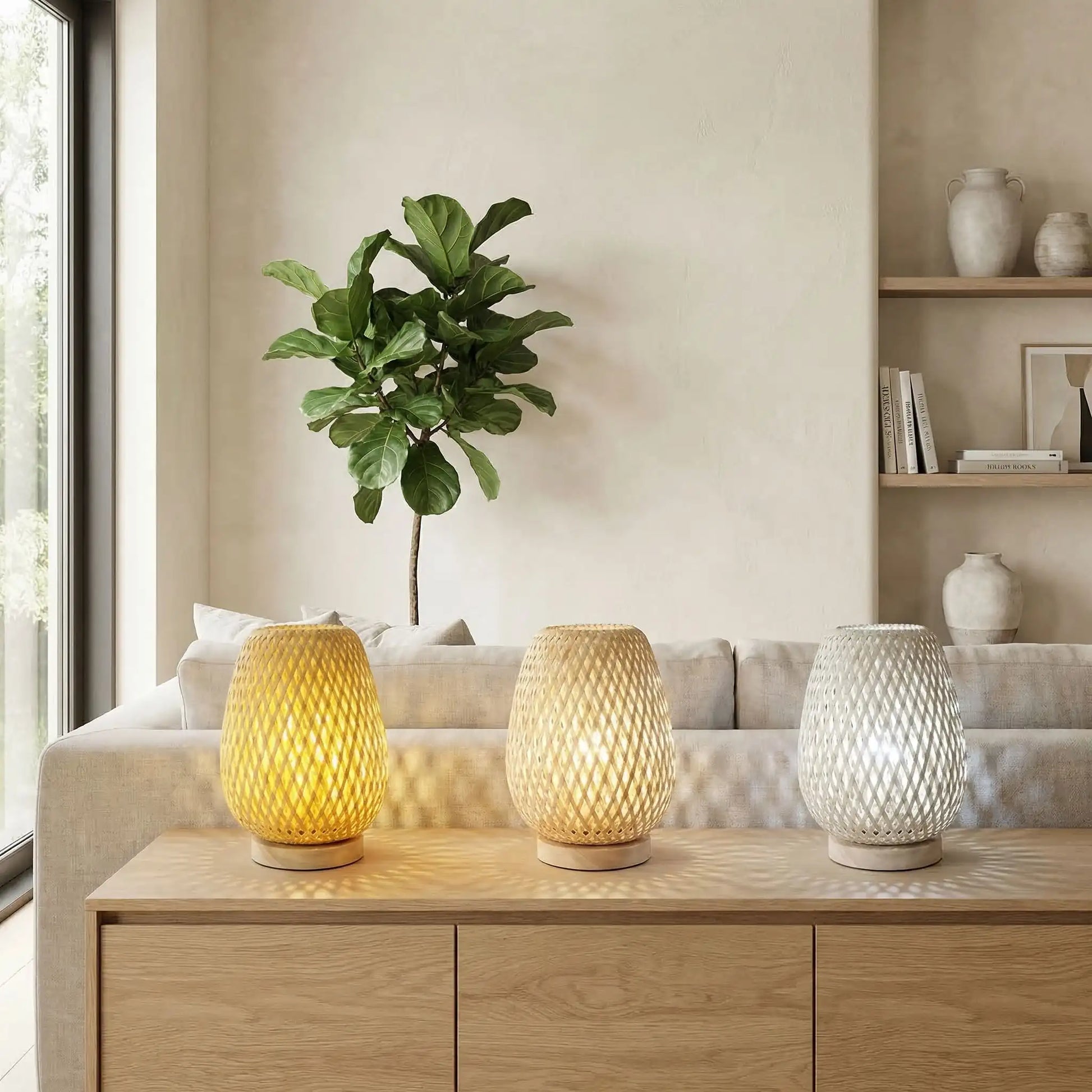 personnalisation intensites buffet bois lampe a poser en rotin