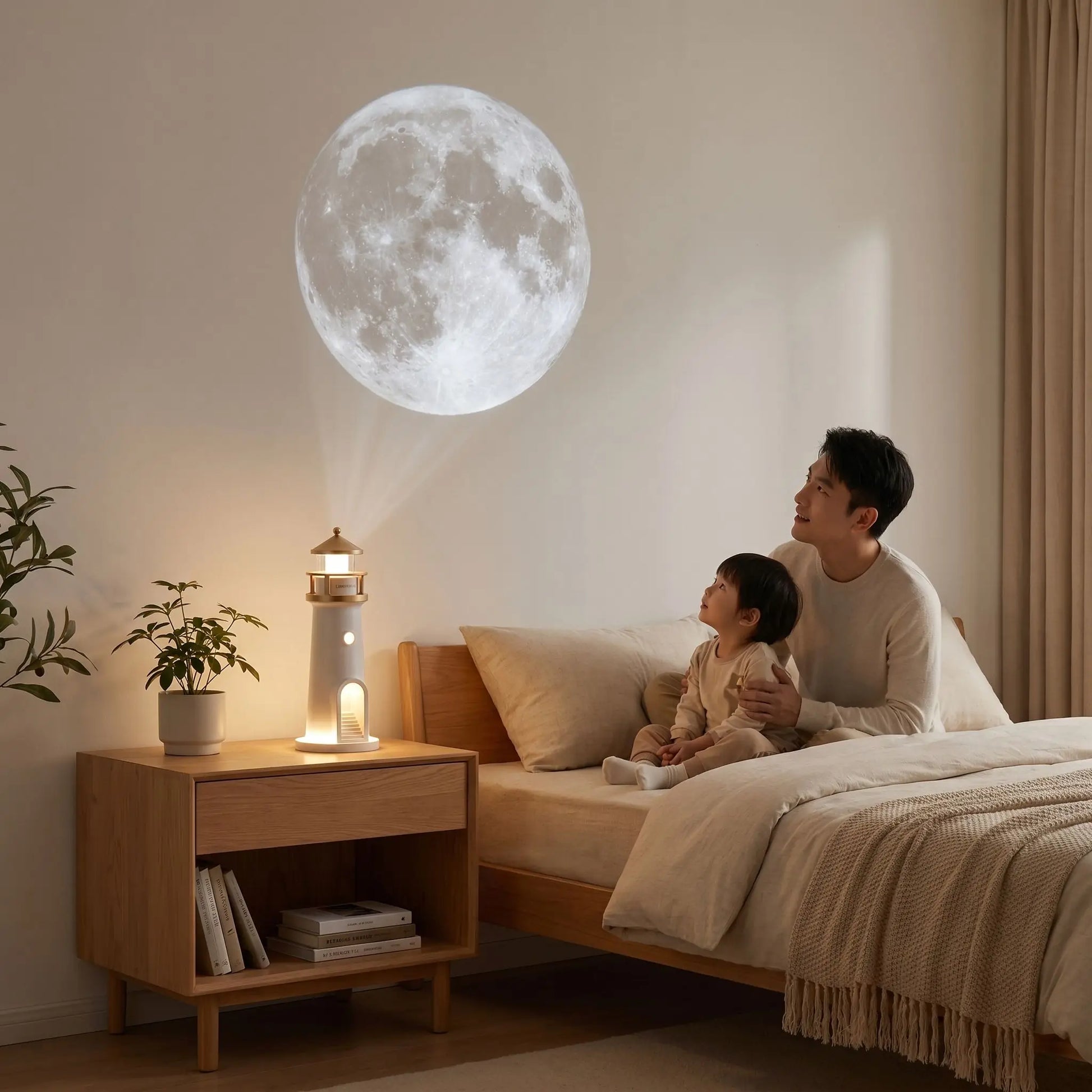 phare diffusant pleine lune complicite papa enfant veilleuse bruit blanc