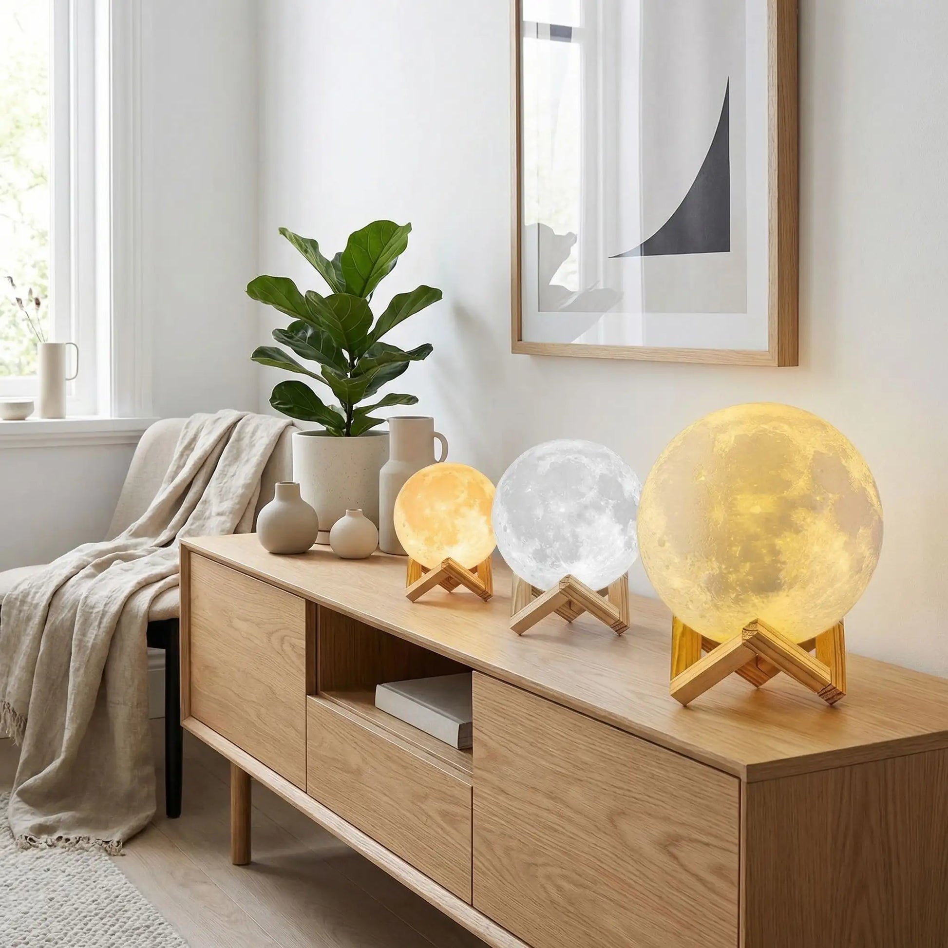plaid plante console alignees trois lune lampe de chevet en bois