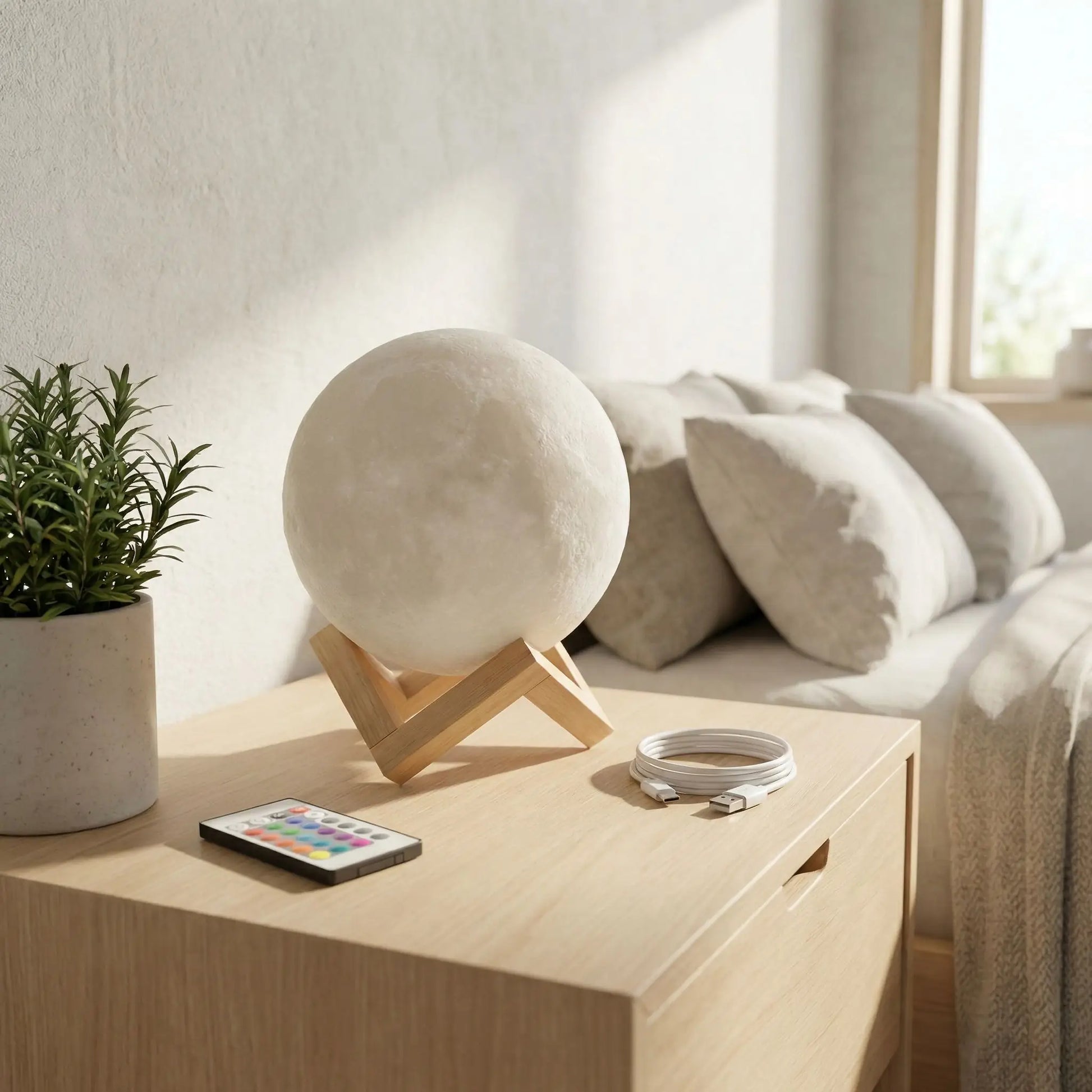 plante cratere lune froide eteinte lit lampe de chevet en bois