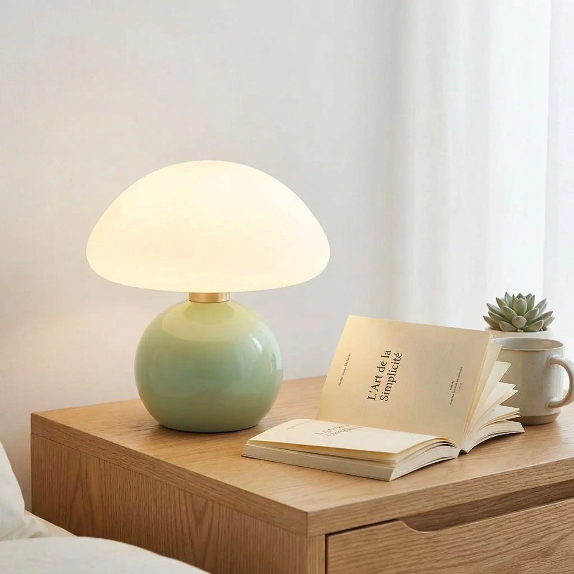 plante table bois ambiance lecture detente lampe de chevet champignon