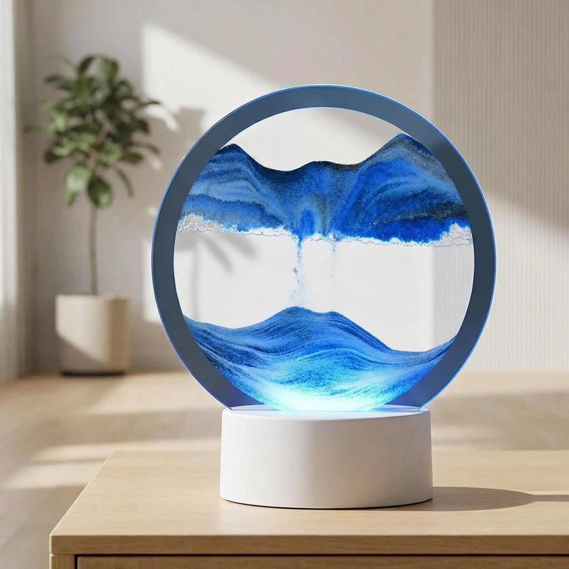 plante table bois sable figee temps lampe de chevet bleu