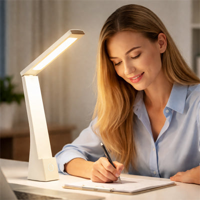 sourire femme chemise bleu ecris lampe de bureau sans fil