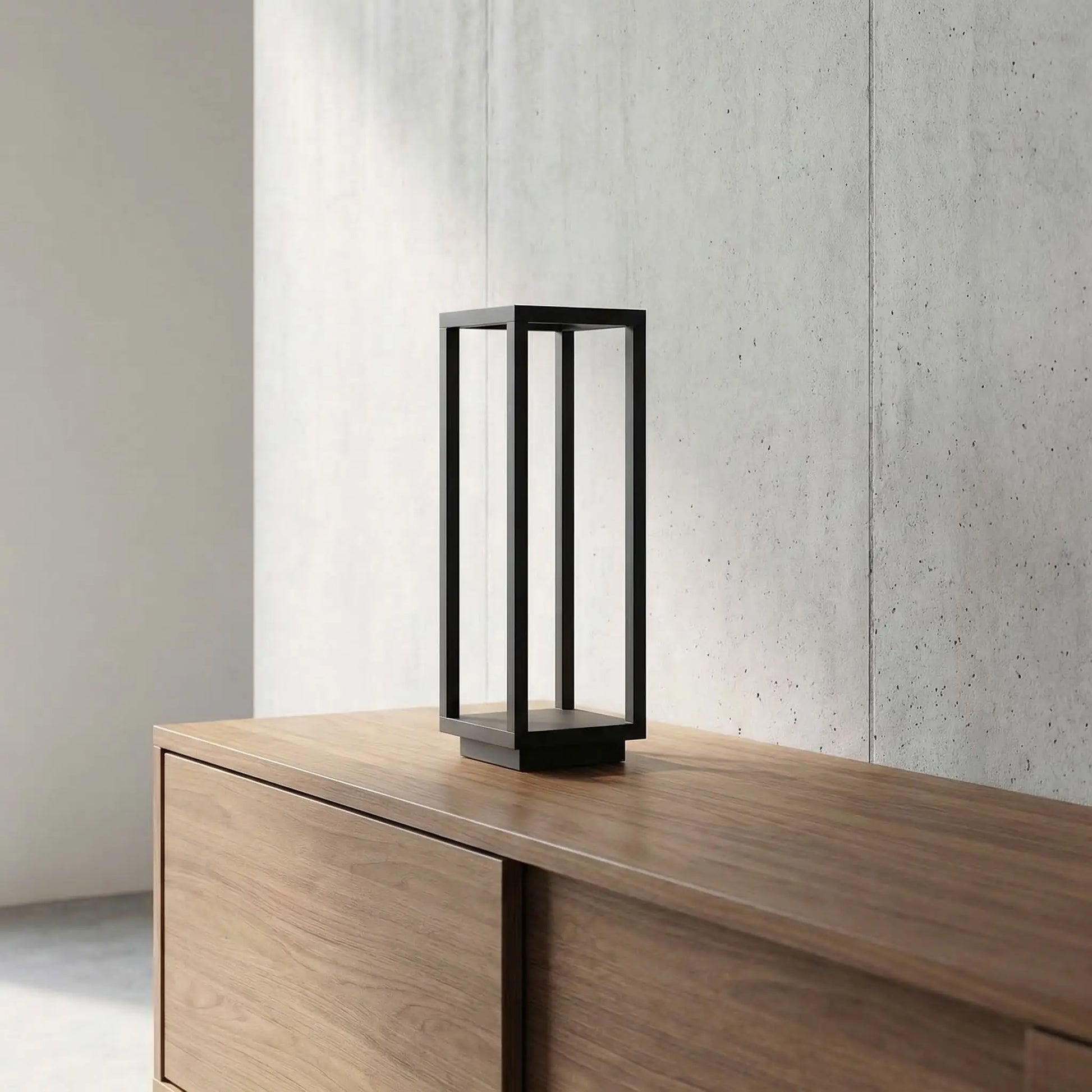 structure geometrique posee meuble bois lampe a poser noire