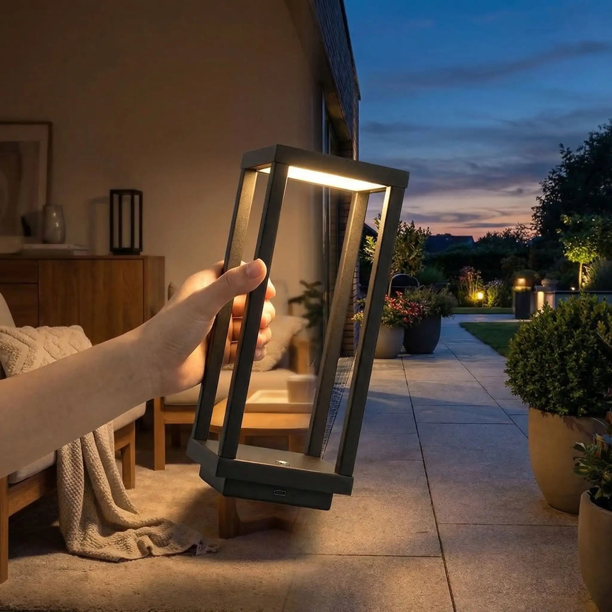 terasse crepuscule main souleve minimaliste lampe a poser noire