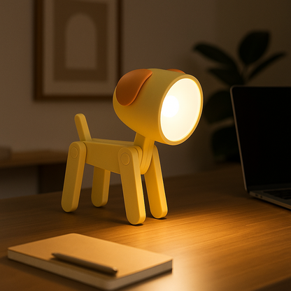zone travail soir chien jaune lumiere douce lampe de bureau